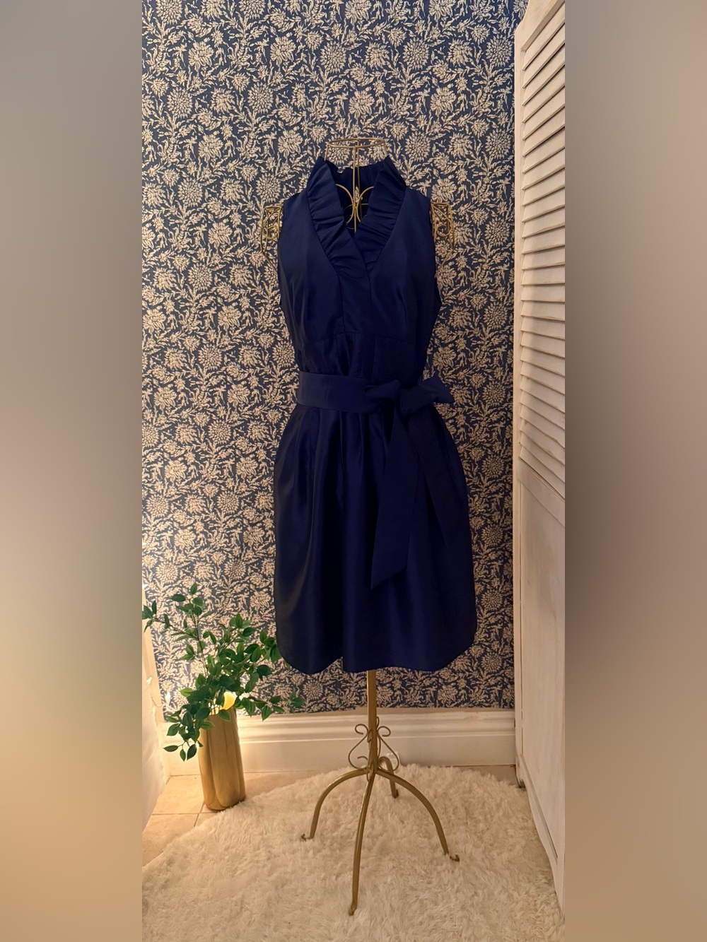 London Times Navy Ruffle Neck Belted Dress Size 8P Y2K Petite